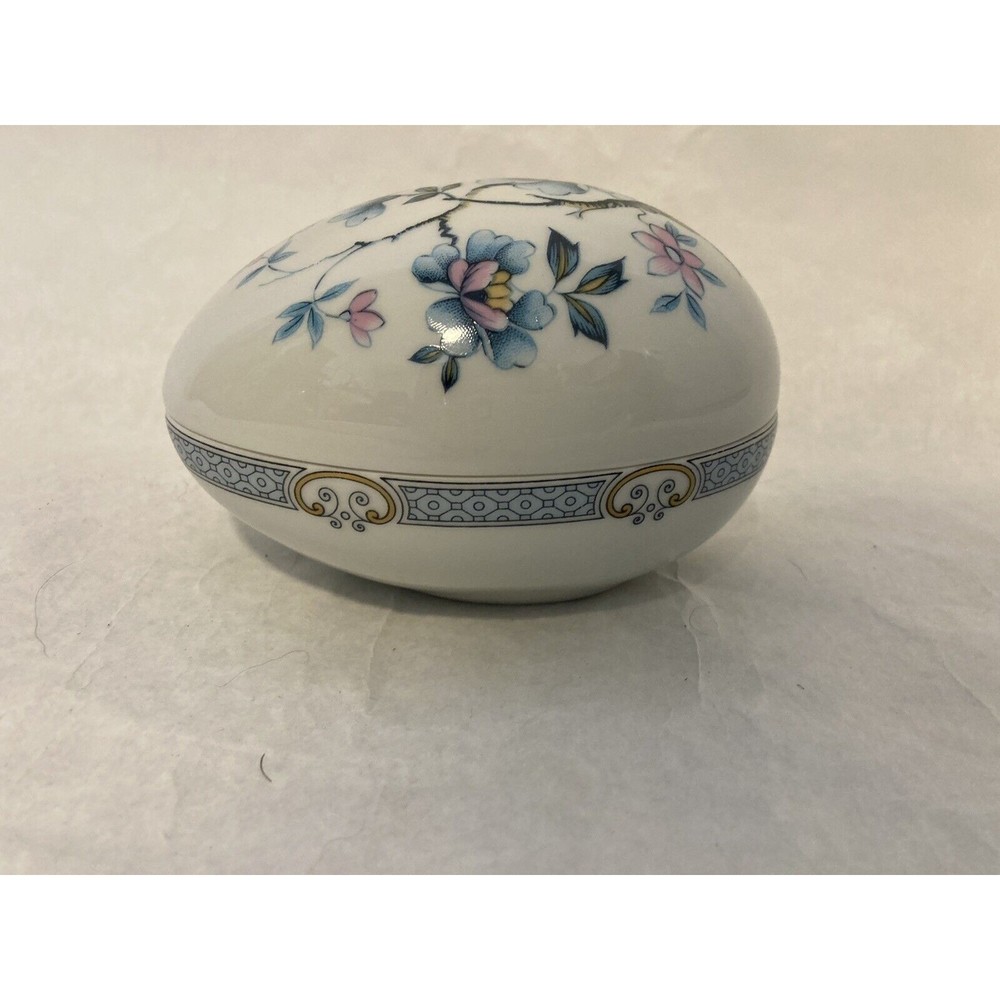 Limoges France Porcelain Egg Shaped Trinket Box Blue Floral 5” - Picture 5 of 7